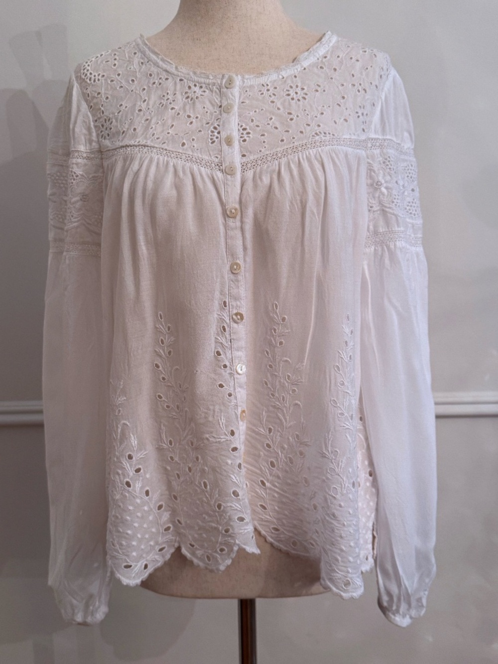 LoveShackFancy White Eyelet Embroidered Button Front Blouse Viscose M